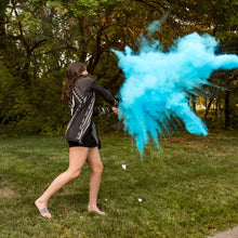 Load image into Gallery viewer, blue holi color powder gender reveal sports tee up baseball boy poof!