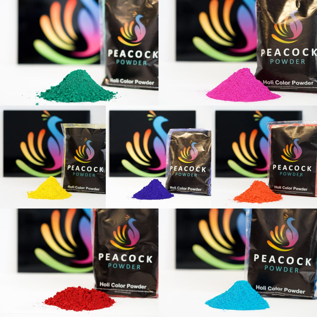 variety pack of holi colour powder in 7 colors