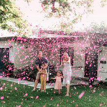 Load image into Gallery viewer, biodegradable pink confetti cannon for gender reveal parties
