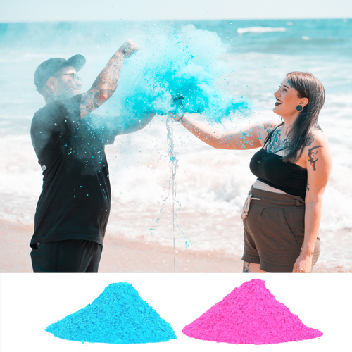 beach gender reveal party with pink and blue powder