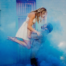 Load image into Gallery viewer, adorable gender reveal photos with blue smoke
