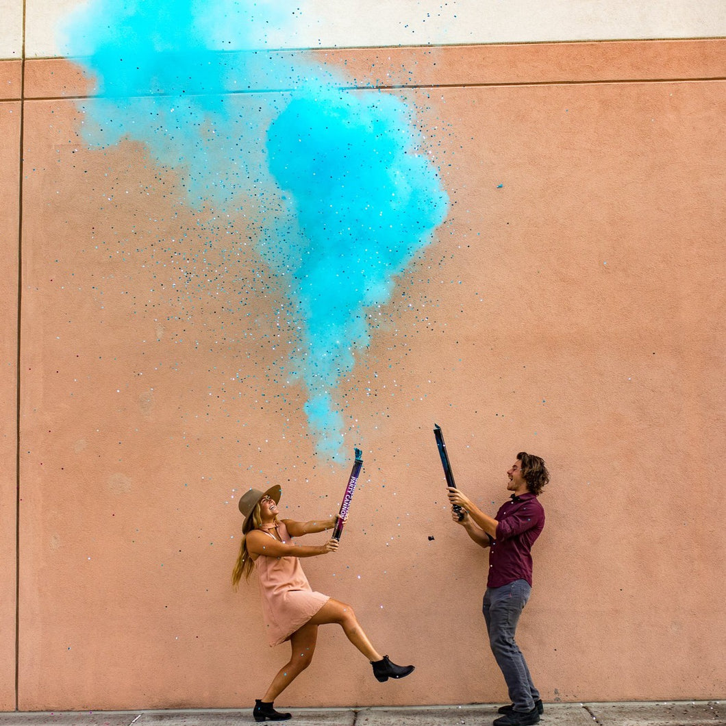 blue extra large gender reveal smoke & confetti cannon