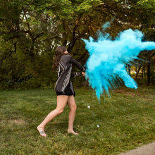 Load image into Gallery viewer, huge poof! gender reveal blue baseball it&#39;s a boy authentic holi color powder
