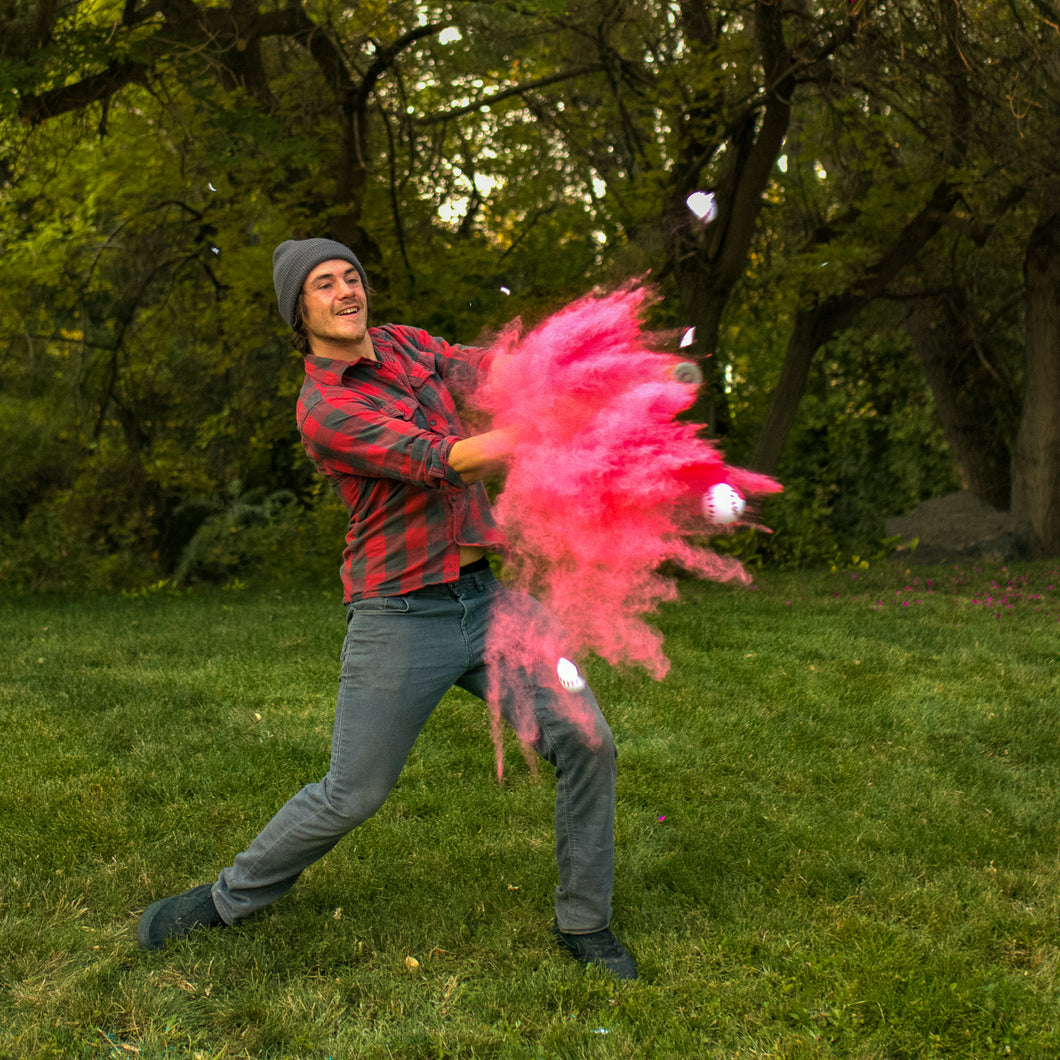 pink gender reveal baseball homerun poof! it's a girl! pink holi color powder biodegradable