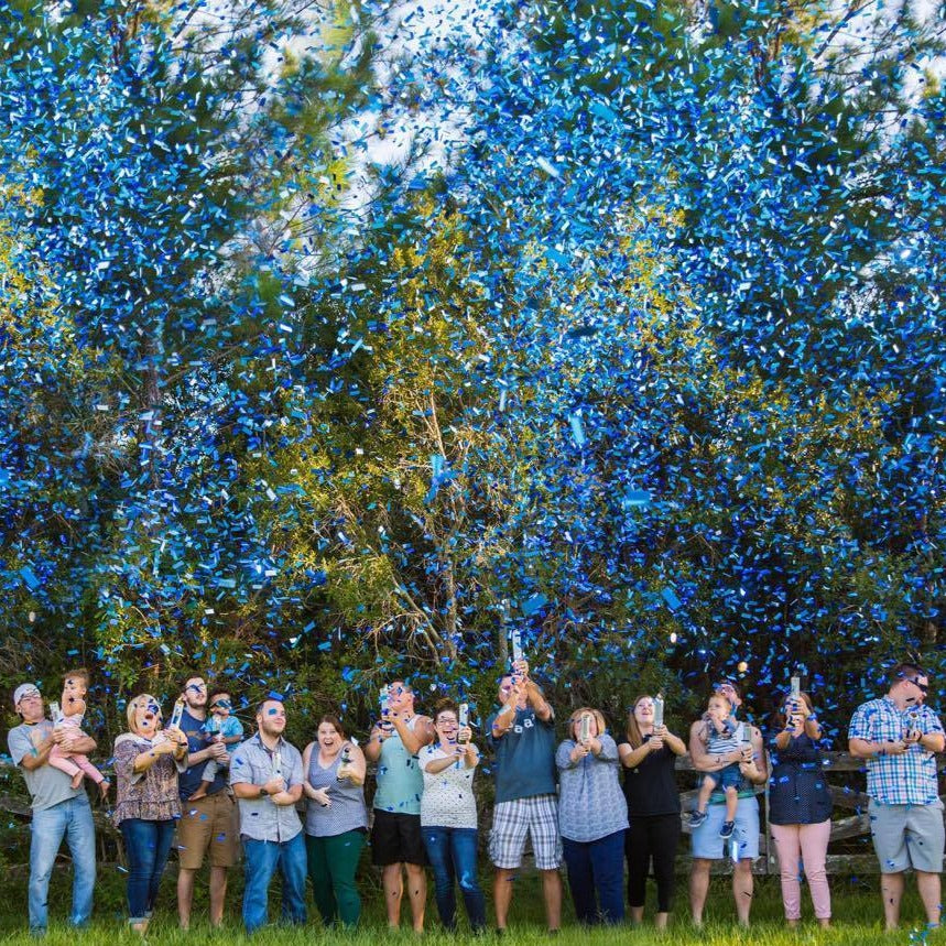 blue confetti popper for gender reveal celebration